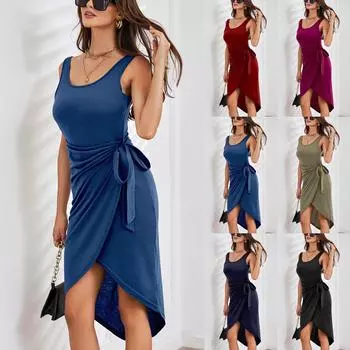 Женское платье без рукавов с круглым вырезом, однотонное платье с высокой талией L армия зеленый