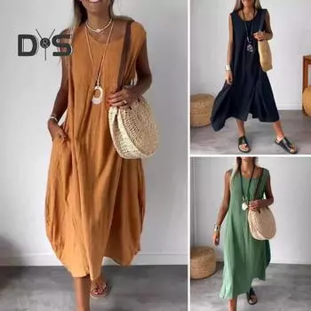 Женское платье без рукавов с круглым вырезом, свободное платье трапециевидной формы с большим подолом, плиссированное однотонное однотонное повседневное пляжное платье миди, длинный сарафан M зелёный