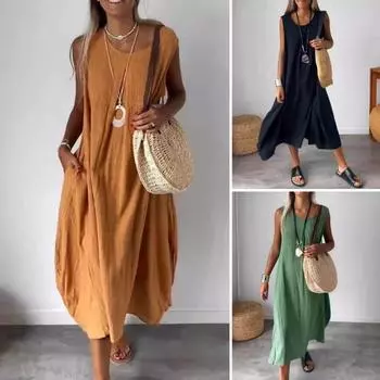 Женское платье без рукавов с круглым вырезом, свободное платье трапециевидной формы с большим подолом, плиссированное однотонное однотонное повседневное пляжное платье миди, длинный сарафан M зелёный