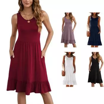 Женское платье без рукавов с круглым вырезом длиной до колена, плиссированное повседневное платье с рюшами, праздничное платье L