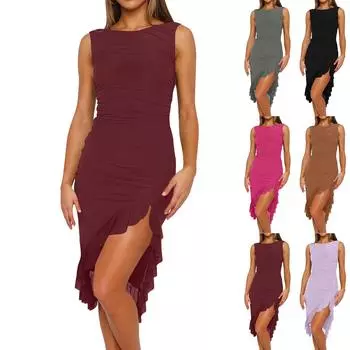 Женское платье без рукавов с круглым вырезом, модное, сексуальное, облегающее, плиссированная юбка средней длины с открытой спиной L