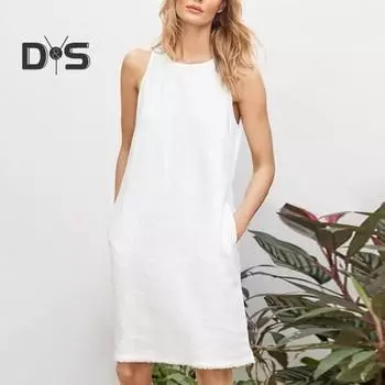 Женское платье без рукавов с круглым вырезом, свободный прямой жилет с карманами выше колена, застежка-молния сзади, женское летнее мини-платье L белый