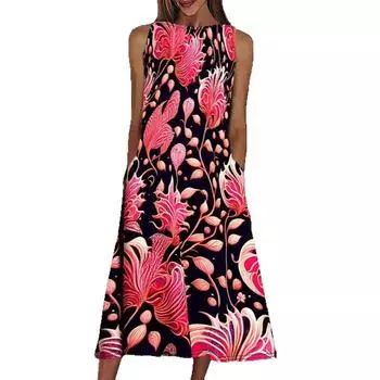 Женское платье без рукавов с круглым вырезом и принтом, элегантное свободное длинное платье-жилет 4XL чёрный
