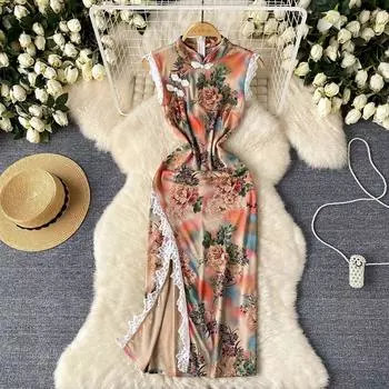 Женское платье без рукавов с кружевом и разрезом на пуговицах, тонкие платья Cheongsam с принтом S оранжевый