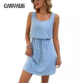 Женское платье без рукавов с квадратным воротником, весна-лето, ажурная фактура, завязка на шнурке S чёрный