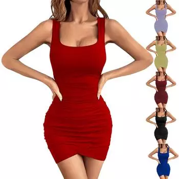 Женское платье без рукавов с квадратным вырезом и складками, темпераментное платье с запахом на бедрах, сексуальные платья с запахом XL синий