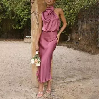 Женское платье без рукавов с лямкой на шее, платье с открытыми плечами и талией, облегающее бедро, свободное подол, гладкое атласное вечернее платье миди S чёрный