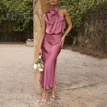 Женское платье без рукавов с лямкой на шее, платье с открытыми плечами и талией, облегающее бедро, свободное подол, гладкое атласное вечернее платье миди M абрикосовый