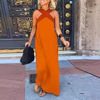 Женское платье без рукавов с перекрещивающейся бретелью через шею, летнее сексуальное платье макси с открытой спиной А-силуэта с открытыми плечами, длинное платье в стиле бохо S белый