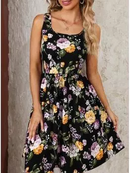 Женское платье без рукавов с принтом в стиле пэчворк и круглым вырезом, 2024 S жёлтый