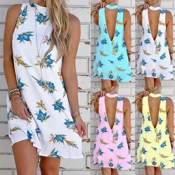 Женское платье без рукавов с принтом, повседневное свободное платье с открытыми плечами и открытой спиной