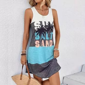 Женское платье без рукавов с принтом пальмовых деревьев и круглым вырезом, свободное, мягкое и удобное, большого размера XS синий