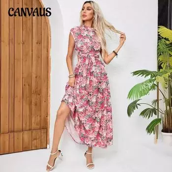 Женское платье без рукавов с принтом, полувысокая шея, открытая спина, без талии, темпераментные платья, вечерние платья S розовый