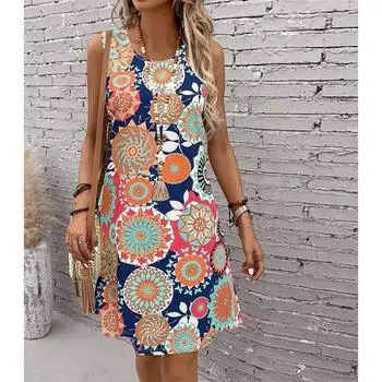 Женское платье без рукавов с принтом «Волшебные цветы» с круглым вырезом, свободное, мягкое и удобное платье больших размеров XS белый