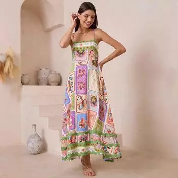 Женское платье без рукавов с принтом на подтяжках в стиле отпуска с кружевным декором L светло-розовый