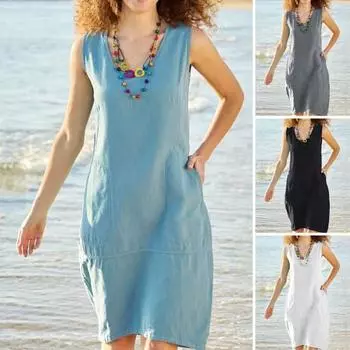 Женское платье без рукавов с U-образным вырезом и карманами длиной до колена, тонкое, мягкое, в стиле ретро, однотонное платье-жилет, женская одежда S светло-синий