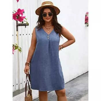 Женское платье без рукавов с v-образным вырезом и пуговицами, однотонное свободное короткое платье, летнее повседневное удобное платье для работы и отдыха, дышащее легкое платье размера плюс XL