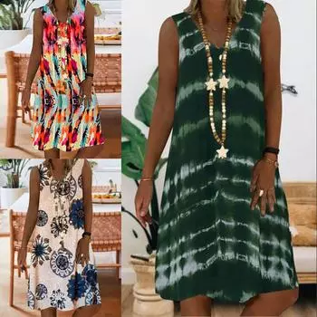 Женское платье без рукавов с V-образным вырезом и принтом, летнее свободное повседневное платье XXL зелёный