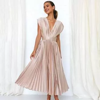 Женское платье без рукавов с v-образным вырезом, летнее повседневное свободное плиссированное платье с застежкой-молнией, элегантное дышащее платье для офисных вечеринок, путешествий, праздников XL кирпич красный