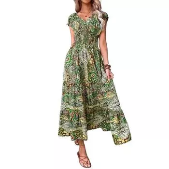 Женское платье без рукавов с V-образным вырезом и высокой талией, длинное с цветочным принтом в стиле бохо 4XL синий