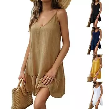 Женское платье без рукавов с V-образным вырезом, свободное, повседневное, темпераментное, сексуальное, однотонное платье L чёрный