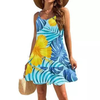 Женское платье без рукавов, свободное, повседневное, темпераментное, гавайское, цветочное, пляжное платье L синий