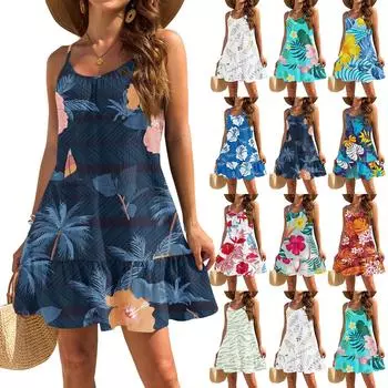 Женское платье без рукавов, свободное, повседневное, темпераментное, гавайское, цветочное, пляжное платье L синий