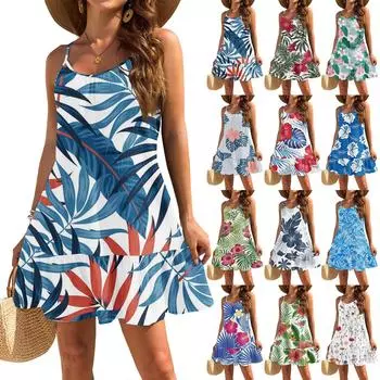 Женское платье без рукавов, свободное, повседневное, темпераментное, гавайское, цветочное, пляжное платье L синий