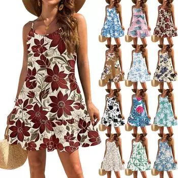 Женское платье без рукавов, свободное, повседневное, темпераментное, гавайское, цветочное, пляжное платье S чёрный