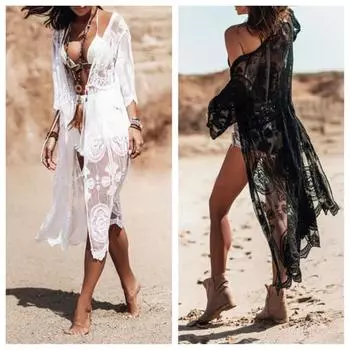Женское платье-бикини, прозрачное кружевное платье с цветочным принтом и короткими рукавами, вышивка, тонкая длина до середины икры, солнцезащитный крем, быстрый белый