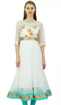 Женское платье Bimba Net Anarkali Kurta Kurti, индийское этническое дизайнерское платье 14 белый