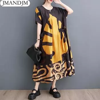 Женское платье больших размеров 2023, новое летнее стильное платье с принтом и круглым вырезом, свободное платье с цветочным принтом, базовые платья, новинка one size жёлтый