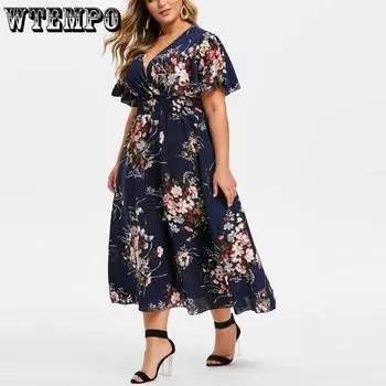 Женское платье больших размеров 3XL, 4XL, 5XL, шифоновое платье с цветочным принтом, свободные богемные пляжные летние платья, городские цыганские Ropa Vestidos L розовый
