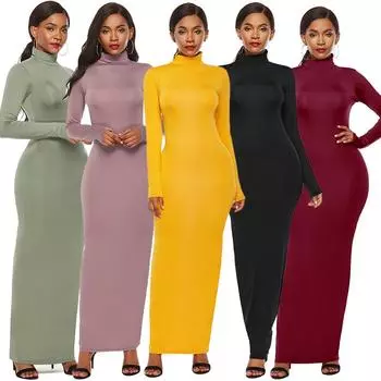 Женское платье больших размеров, эластичное однотонное платье с воротником и длинным рукавом, тонкое бандажное платье макси, элегантное XL бежевый