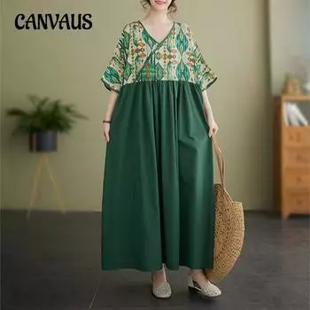 Женское платье больших размеров, богемные длинные летние платья с коротким рукавом и круглым вырезом с принтом One Size зелёный