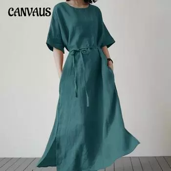 Женское платье больших размеров, длинное модное платье с разрезом по подолу, элегантное повседневное хлопковое льняное платье с короткими рукавами и поясом
