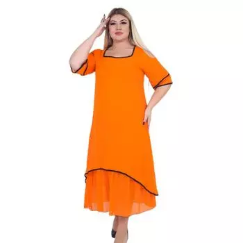 Женское платье больших размеров Fierte Lm24471 с круглым вырезом и короткими рукавами с открытыми плечами Хлопок ниже колена Симметричный оранжевый бирюзовый