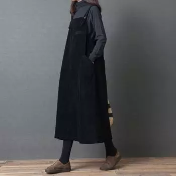 Женское платье больших размеров из вельветового ремня с большими карманами, свободное длинное платье L чёрный