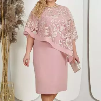 Женское платье больших размеров из двух частей с круглым вырезом и вышивкой, цветочная сетка, шаль, торжественное платье длиной до колена, свадебное платье для банкета, выпускного вечера 5XL розовый