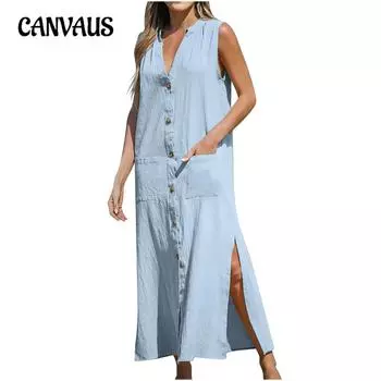 Женское платье больших размеров из хлопка и льна без рукавов, однобортное, свободное, с v-образным вырезом, длинные платья