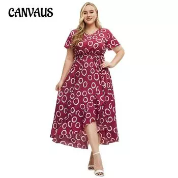 Женское платье больших размеров, летнее платье в горошек с короткими рукавами, длинные платья XL красный