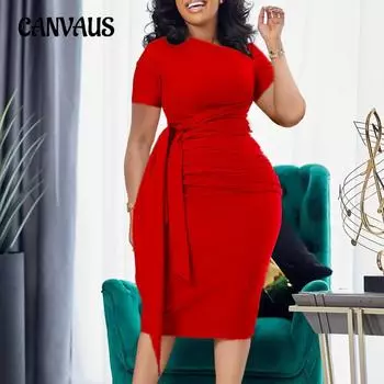 Женское платье больших размеров, летнее модное плиссированное платье с коротким рукавом, элегантное платье с диагональным вырезом и завязками S красный