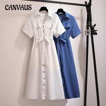 Женское платье больших размеров, летнее платье с завязками и лацканами, свободные полосатые платья-рубашки