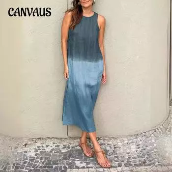 Женское платье больших размеров, летнее, повседневное, без рукавов, с разрезом, градиентное платье XS синий