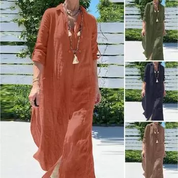 Женское платье больших размеров, летнее, с V-образным вырезом и длинными рукавами, пляжное платье-рубашка, повседневное, свободное, хлопковое платье-жилет S оранжевый
