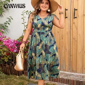 Женское платье больших размеров, летние платья с v-образным вырезом и открытой спиной с принтом 1XL зелёный