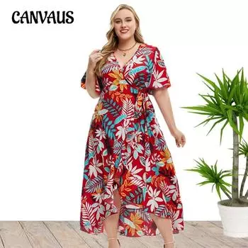 Женское платье больших размеров, летние богемные пляжные платья с короткими рукавами и принтом XL красный