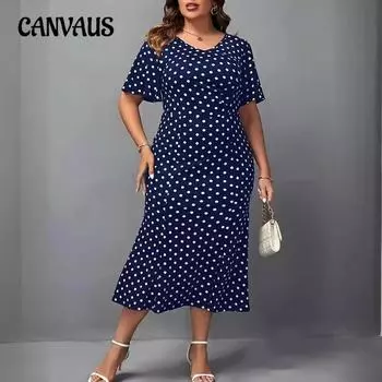 Женское платье больших размеров, летние платья с короткими рукавами и талией в горошек L синий