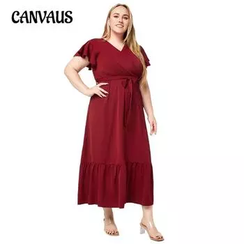 Женское платье больших размеров, летние однотонные темпераментные элегантные свободные платья с v-образным вырезом и короткими рукавами 1XL красный
