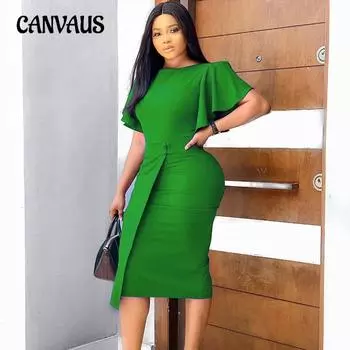 Женское платье больших размеров, летние однотонные офисные платья с высокой талией, темпераментные пригородные офисные платья с рюшами и рукавами